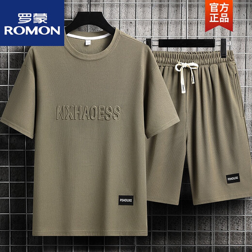 罗蒙（ROMON）休闲运动套装男夏季潮牌冰丝t恤薄款短裤大码短袖帅气搭配两件套 套装TZ829灰色上衣裤子 L 建议110130斤