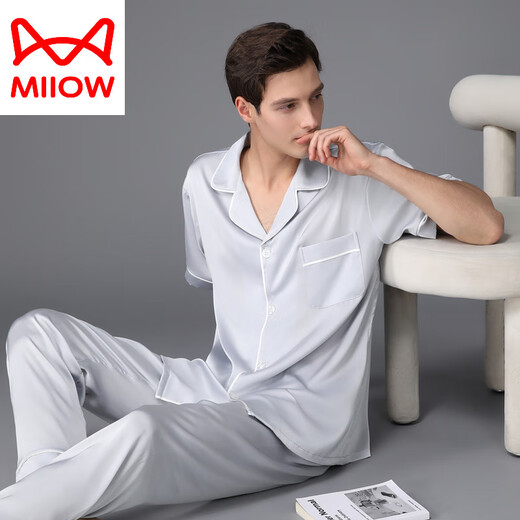 猫人（MiiOW）睡衣男夏季真丝薄款短袖长裤春秋家居服丝绸感欧美2025新款 黑灰色 3899 XL (体重130-155斤)