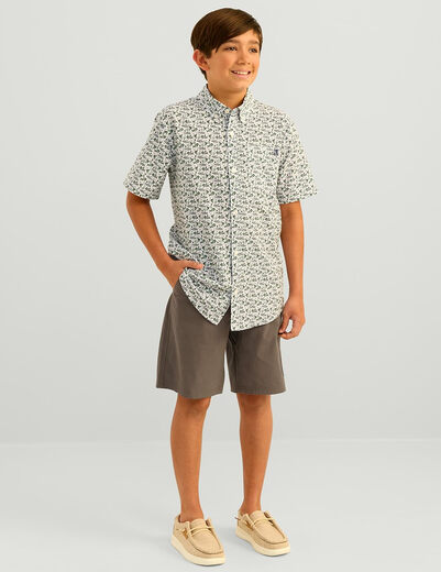 HUK unisex children's Kona pattern short-sleeved fishing button-down shirt white XS