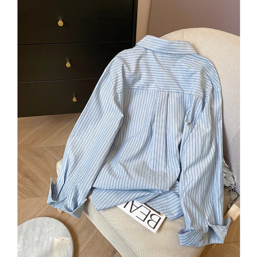 TonLion 2025 Spring Women's Lapel Love Embroidered Striped Long-Sleeved Shirt Blue Tone M