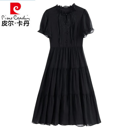 皮尔卡丹（pierre cardin）新中式国风刺绣绣花木耳领花边盘扣短袖雪纺连衣裙女时尚舒适裙子 9761黑色面料 M 90-100斤