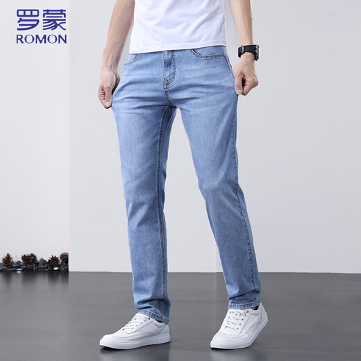 Lomon Jeans Men's Summer's Thin Pright Men's Stants растягивают повседневные мужские брюки Blue 33