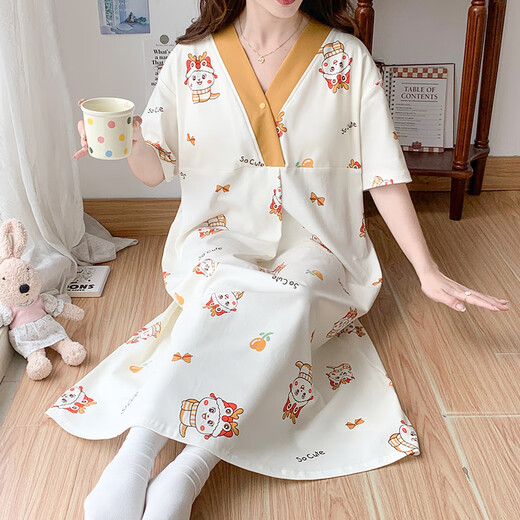 
Short-sleeved pregnant women pajamas dress for summer for childbirth with chest pad loose large size prenatal check-up clothes for pregnancy wear home clothes ISY-16820# short-sleeved skirt with chest pad L size (recommended weight 90-120 Jin [Jin equals 0.5 kg])