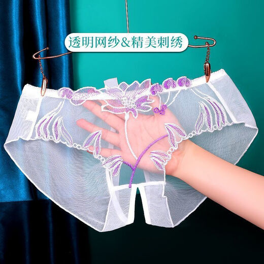 TULX莫代尔情趣纯欲性感蕾丝内裤精美刺绣网纱透明开档免脱丁字三角裤 838白色+紫色+红色 3条 M 80-110斤