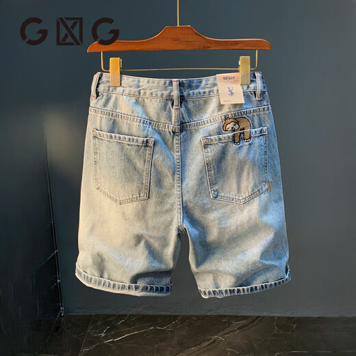 GLXLG短裤男夏季休闲大码浅色五分牛仔裤潮流刺绣高端男士直筒中裤 蓝色[XY9922] 30 适合体重120-128斤