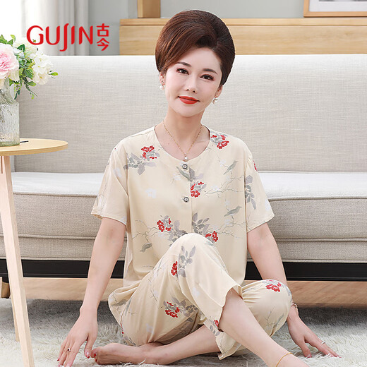 古今（GUJIN）送妈妈中老年睡衣女夏季棉绸短袖长裤薄款凉感大码宽松外穿家居服