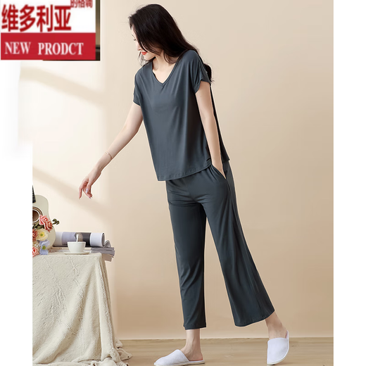 维多利亚的格调睡衣女士夏季短袖九分裤薄款莫代尔新款家居服套装 YM841灰色 XL (适合身高165-170CM，体重120-