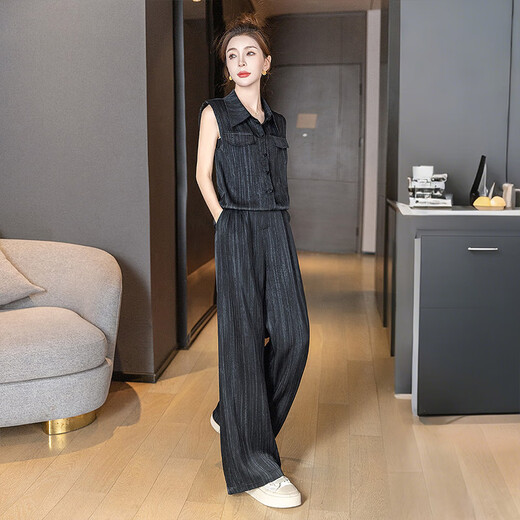 丝柏舍通勤风套装2025夏装新款女装翻领纽扣上衣搭长裤两件套