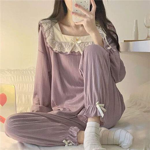 乐僖贝俫公主风睡衣甜美蝴蝶结长款家居服套装 1105蝴蝶花边领【长袖套装】 185 2XL 125-150斤