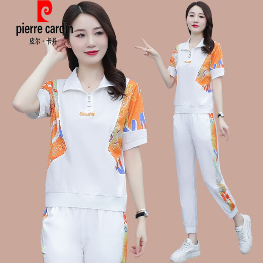 皮尔卡丹（pierre cardin）冰|丝短袖休闲套装女2025年夏季新款宽松时尚减龄跑步运动服两件 (1389)白色 M (建议100斤以下)