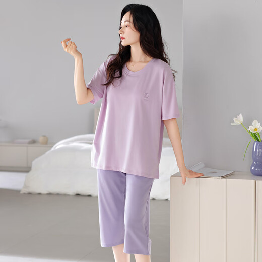 叶盼（yepan）带胸垫睡衣夏季女莫代尔棉女短袖七分裤冰丝中年女大码家居服套装 6210-兰花紫【带胸垫】 L (165) ：建议110-120斤穿着