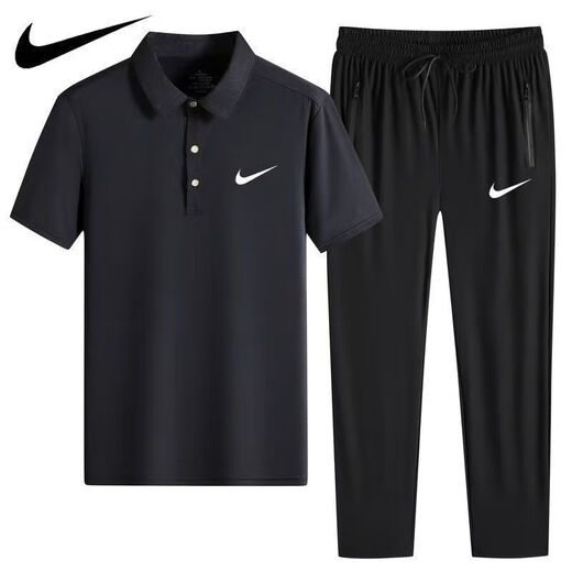 NBA KIDS-NIKE冰丝POLO衫速干休闲运动装短袖T套装薄款翻领男士长裤两件装 耐克-白色(直筒套装)1396 耐克-2XL 120-140斤