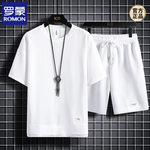 
ROMON heavyweight waffle short-sleeved T-shirt men's summer loose large-size sports shorts suit work clothes round neck breathable 829 black [set] M 100-120Jin [Jin equals 0.5 kg]