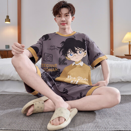 
Yalu pajamas men's summer pure cotton cartoon men's short-sleeved student plus fat plus size fat man can wear home clothing suit YX7029 crayon L men 100-135Jin [Jin equals 0.5 kg]