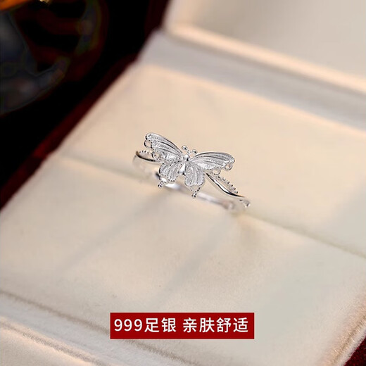 BJYLS999 pure silver butterfly ring for women, light luxury and high-end adjustable index finger ring sterling silver tail ring hand jewelry gift 999 pure silver butterfly dancing