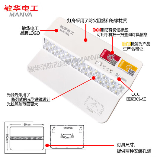 温以嘉新国标敏华消防led应急照明灯充电式紧急停电应急照明壁灯应 M1349 阻燃塑料灯体 【接220V】