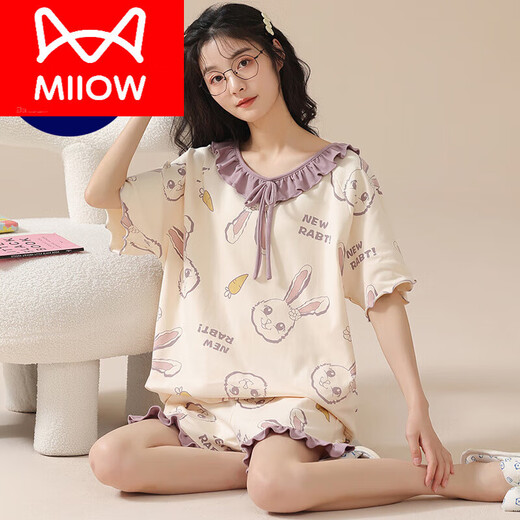 Catman (MiiOW) pajamas with breast pad for women in summer new cartoon internet celebrity pure cotton shorts suit sweet and can be worn outside home clothes CK-6173 M - chest pad