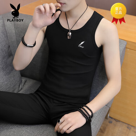 花花公子（PLAYBOY）男士夏季纯棉背心薄款紧身弹力健身坎肩无袖运动T恤纯色打底衫 6296白色纯色 3XL 150-165斤