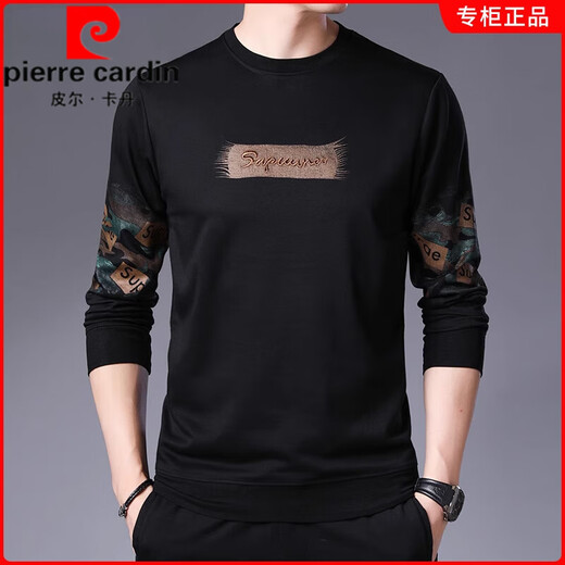 Pierre Cardin brand men's long-sleeved t-shirt pure cotton 2025 new tops spring and autumn round neck sweatshirt men's autumn bottoming shirt men A31 gray velvet thickened L 170 recommended 120-140Jin Jin equals 0.5 kg