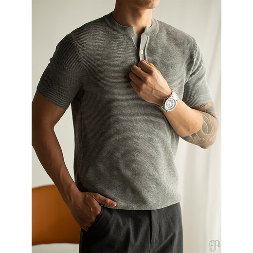 Chaoyuanxingpishuai Henry collar solid color sweater men's short-sleeved summer thin ice silk mid-mountain collar casual t-shirt men's half-sleeve C-black 3XL