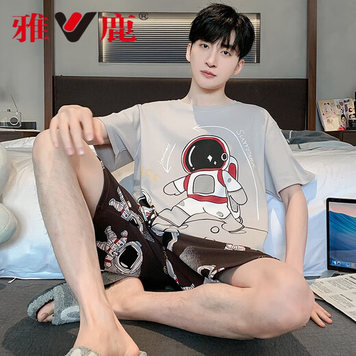 雅鹿男士睡衣夏季纯棉短袖学生睡衣男夏天全棉薄款大码宽松套装家居服 XY1390 L 标准 高168-173 重100-125斤