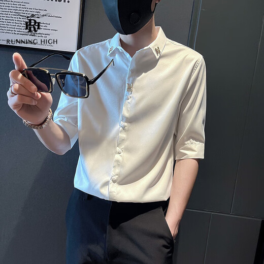 RUNNING HIGH品牌衬衫男2025新款轻商务潮流时尚商务休闲易打理七分袖衬衫 白色 XL