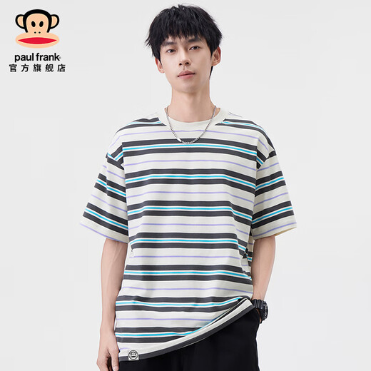 大嘴猴（paul frank）美式潮牌条纹男士短袖T恤春夏季薄款宽松圆领弹力百搭男装体恤衫 绿色698D【官方正品】 XL 【建议140-155斤】