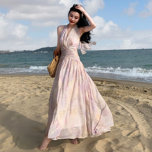Yiou français jacquard broderie robe robe halter coude femmes printemps et vacances d'été plage de floral sexy jupe longue 9765 Twilight Beach S