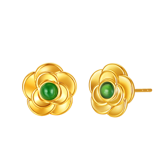 Ming Diamond International 18K Gold Jade Camellia Earrings Women's au750 Earrings Fashion Inlaid Earrings for Girlfriend's Birthday Gift