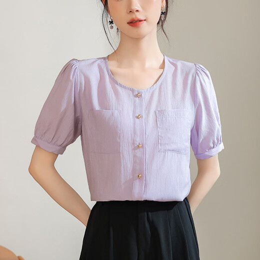 皮尔卡丹（pierre cardin）法式气质圆领短袖衬衫女2025夏季新款简约百搭衬衣设计感小众上衣 3294米白质量 S 建议95斤以内