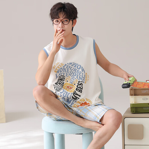 Modal Cotton Summer Pyjamas Männer reine Baumwollshorts Weste dünne Cartoon Teenager Sommer Home Clothing Set Am826 L Standard 100-130jin [Jin gleich 0,5 kg]