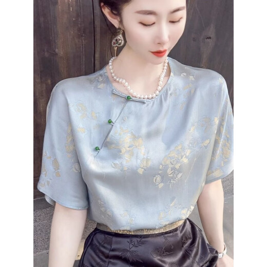 Unsichtbarer urban neuer chinesischer Stil Frauenkleidung Nachahmung Seide 2025 lässige Kurzärmer-T-Shirt-Top für Frauen im Sommer Nachahmung Mulberry Seidenhemd Bild Farbe 9854 m