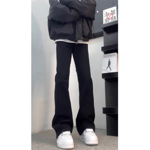 POUM黑色弯刀柳叶牛仔裤男春秋夏季款潮流显瘦美式高街直筒微喇裤子男 DFFS-701黑色 2XL