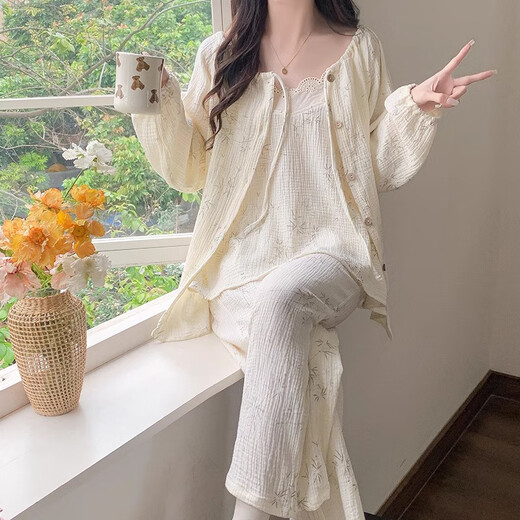 梦特娇（MONTAGUT）云朵棉睡衣女春秋季长袖吊带三件套可爱树叶纯欲风家居服2025新款 tfn#f9928 5XL m建议75-95斤