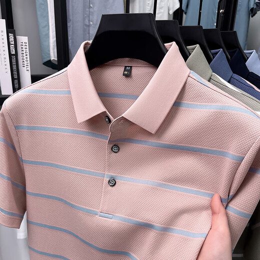 
Kangaroo (DaiShu) short-sleeved T-shirt for men 2025 summer trendy striped lapel half-sleeved business casual loose large-size top middle-aged AN15100 light sky blue 3XL