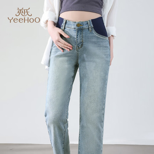 Britische 25-jährige neue Art der Mutterschaftshose schlanke Jeans schlanke gerade Hosen ohne Bauch tragen lässige Hosen Retro hellblau l