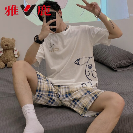 雅鹿男士睡衣夏季纯棉短袖学生睡衣男夏天全棉薄款大码宽松套装家居服 XY1390 L 标准 高168-173 重100-125斤