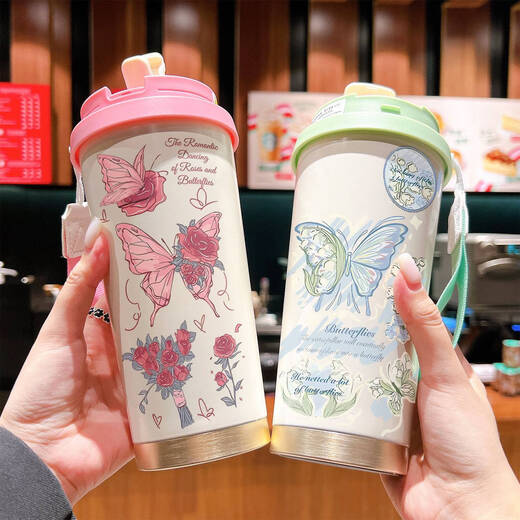咏幻蝴蝶保温杯不锈钢大容量吸管便携水杯子女生2025高颜值咖啡杯 古董白bxad6198蝴蝶520ml-配挂 不锈钢