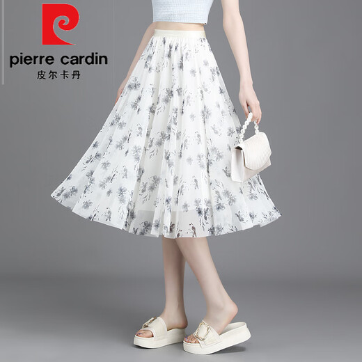 Pierre cardin 2025 summer new floral skirt for women with small fresh short skirt with large sway mesh printed A-line slim chiffon mid skirt 9906-8# One size (suggested 90-145Jin [Jin equals 0.5 kg])