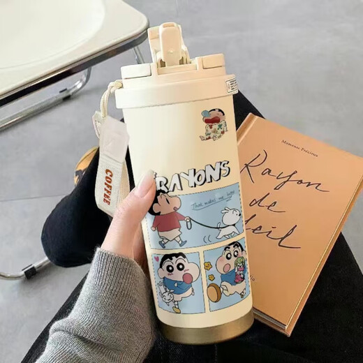 Maishute Crayon Shin Shin Thermo Straw Gran capacidad Boca de doble cubierta para estudiantes, hombres y mujeres llevan consigo nuevas tazas de agua con alta apariencia CKY679 Shin Shin + con Acero inoxidable de Lanyard 316