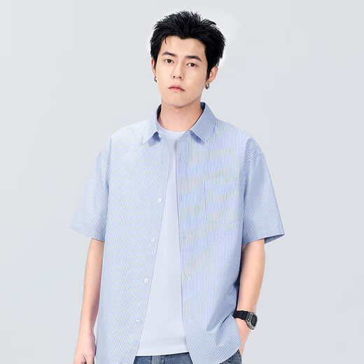 Miniso short-sleeved shirt men's summer Oxford striped shirt men's clothes casual lapel half-sleeved Z blue and white M