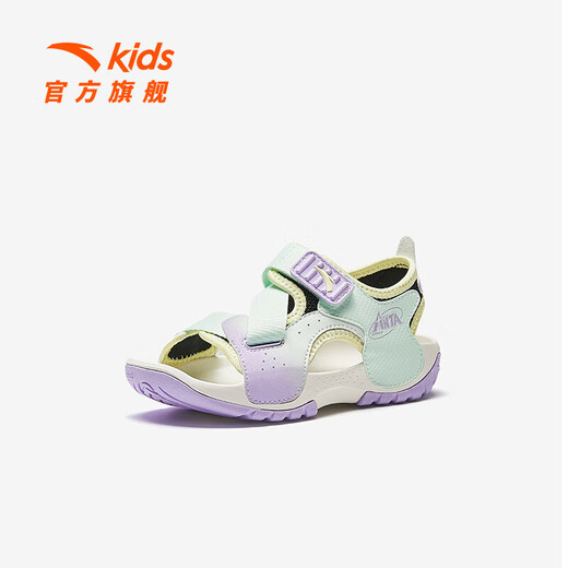 ANTA Children's Sandals Girls' Shoes Kids 2026 Summer New Product Velcro Outdoor Soft Sole Wading Beach Shoes Anti-Slip Xichen Green/Light Mist Purple/Black-2 30