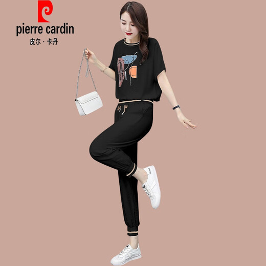 Pierre Cardin Casual Fashion Anzug für Frauen Sommer Neues modisches Sweatshirt Thin Small Ice Seide Sportswear Kurzärmele zwei Stücke [684] Black XL (Empfohlen 111-125 Jin [Jin ist gleich 0,5 kg])