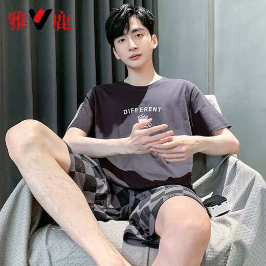 雅鹿睡衣男夏季短袖短裤棉质青少年初中学生套装男款家居服胖子4XL HDE9930 XL