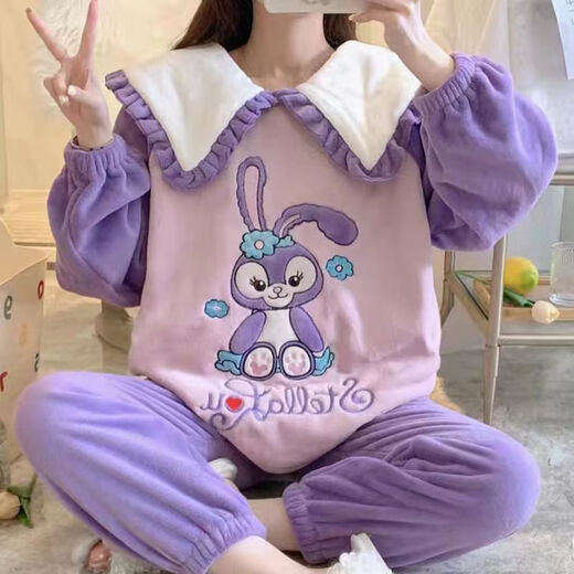 FHHUABD睡衣女秋冬季法兰绒韩版甜美卡通公主风家居服珊瑚绒加厚保暖套装 【9934绒】粉色蝴蝶结 M