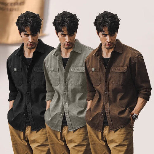 杰雷诺美式复古工装衬衫式夹克外套男春秋2025新款宽松潮牌休闲长袖衬衣 咖啡 L 适合125-145斤