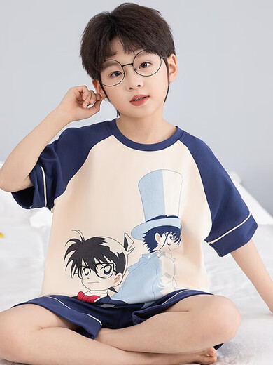 Boys Pyjamas Été à manches courtes à manches moyennes de taille moyenne Nezha Nezha Teenagers 2025 New Style Junior School Children's Home's Home's Clothes [100% Pure Cotton] YM-693 Chinchilla 150 [S Code] Hauteur recommandée 143-153cmm