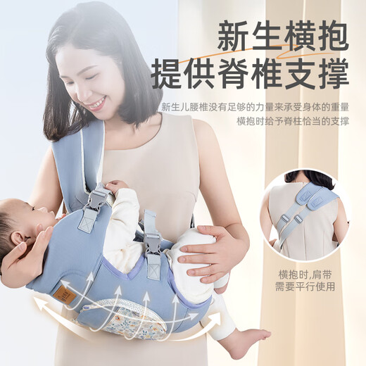 爱源美背带婴儿外出简易前后两用小月龄宝宝横抱式轻便抱娃神器解放双手 浅灰色【拉链收纳口袋】