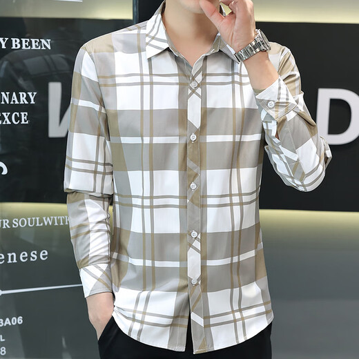 夏季新款冰丝长袖衬衫男格子休闲衬衣上衣服薄款防晒外套潮流寸衣 灰色 【长袖】719 M 90-104斤