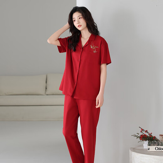 浪莎（LangSha）结婚情侣睡衣一男一女夏季薄款纯棉短袖红色喜庆可外穿家居服套装 867+767 M 女+男款L